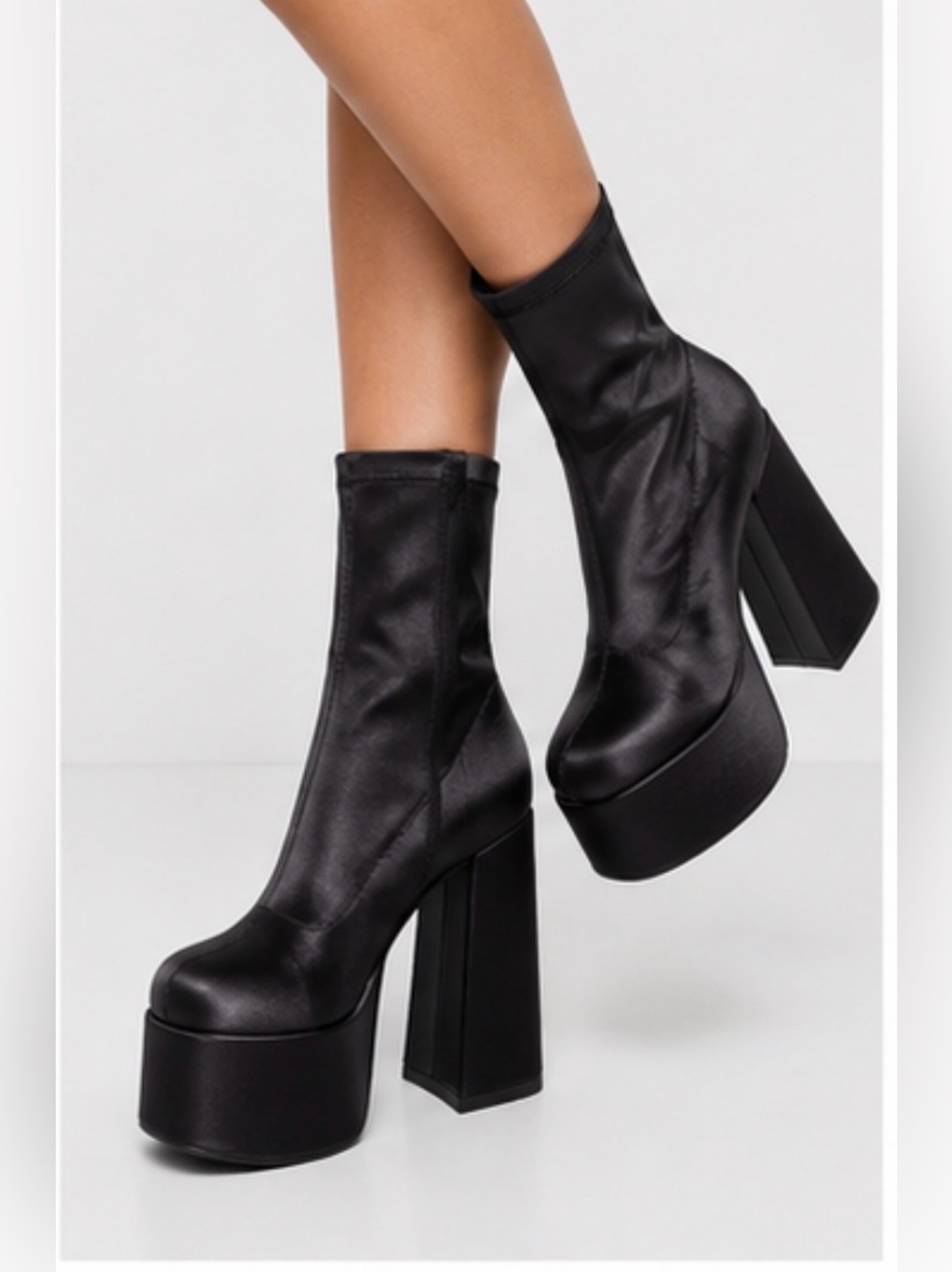 Black Platform Sock Booties with Chunky Heel